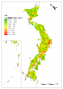 2005年から2010年の市町村別人口増減（平成22年国勢調査結果速報値）