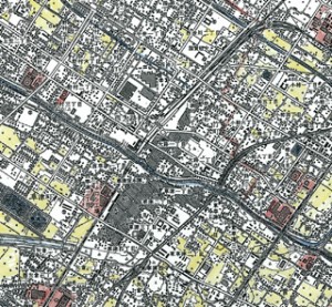 草津駅周辺の土地利用の塗り分け（1990年代半ばの状況）